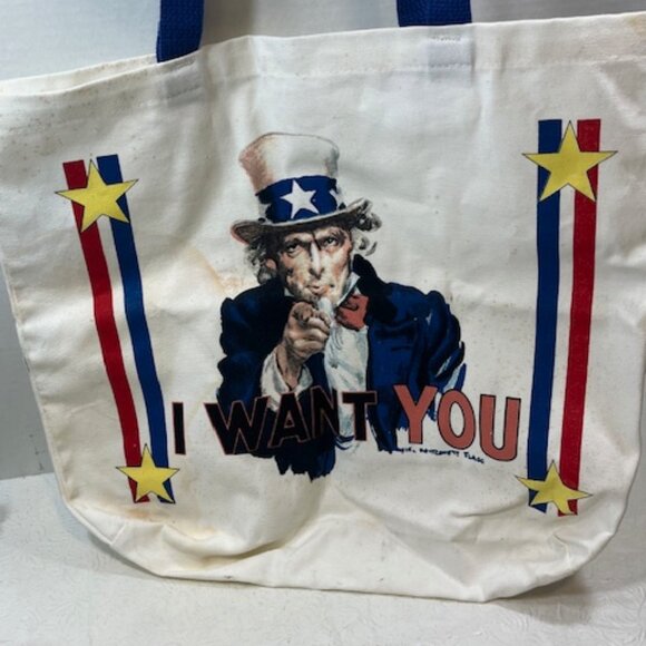 Two Sided Uncle Sam" I Want You" Canvas USA Themed Shopping Tote Bag 13"x4"x14" - Picture 4 of 16